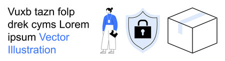 Data protection, privacy, secure delivery, logistics management, e-commerce, digital security. A person stands next to a locked shield and parcel. Data protection and privacy conceptのイラスト素材