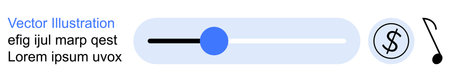 Audio settings, music control, financial transactions, sound adjustment, interface elements, digital design. Slider bar, dollar symbol music note on a white background. Audio settings and musicのイラスト素材