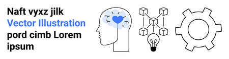 Human head symbolizing emotion, blockchain network, light bulb for ideas, gear for process innovation. Ideal for creativity, technology, emotional intelligence, brainstorming, teamworkのイラスト素材