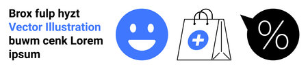 E-commerce, healthcare shopping, discounts, marketing, online sales, retail promotions. Graphic showing a happy face, a shopping bag with a medical cross and a percentage sign. E-commerceのイラスト素材