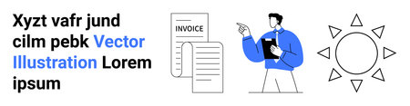 Financial analysis, documentation, billing, business management, corporate communication, data organization. A man with a clipboard points to an invoice document alongside a sun icon. Financialのイラスト素材