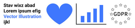 Data protection, privacy compliance, analytics, digital security, trust, online policies. Blue heart, bar chart GDPR text with an outline of stars. Data protection and privacy complianceのイラスト素材
