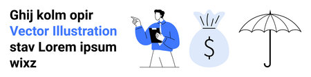 Financial security, risk management, business solutions, savings, insurance, economic planning. A person with a clipboard, money bag and umbrella icons. Financial security and risk managementのイラスト素材