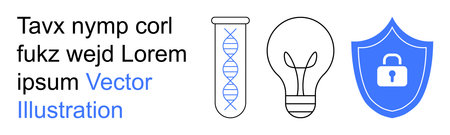 Biotechnology, innovation, security, DNA research, intellectual property, and data protection. DNA helix in a test tube, light bulb and lock on a shield. Focus on biotechnology and innovation inのイラスト素材