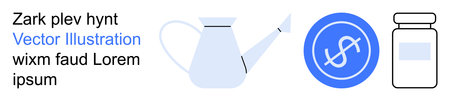 Gardening, financial savings, healthcare, medication, eco-friendly habits, symbolic . A watering can, a dollar sign in a circle and a medicine bottle. Gardening and financial savings conceptsのイラスト素材