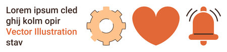Communication, alert systems, technology, user interface, connectivity, notifications. Gear, heart and bell symbols in flat style. Communication and alert systems conceptsのイラスト素材