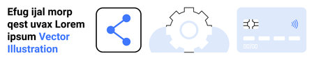 Digital transformation, connectivity, payment systems, financial technology, automation, data sharing. Includes connection icon, gear symbol and RFID credit card. Connectivity and payment systemsのイラスト素材