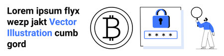 Bitcoin symbol, secure password lock, and person holding a balloon. Ideal for cryptocurrency, online security, blockchain, fintech, data privacy, digital innovation simple landing pageのイラスト素材