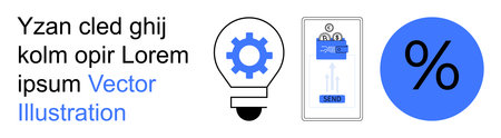 Business strategies, productivity tools, innovation, financial management, mobile devices, creative concepts. Gear in lightbulb, phone percentage sign. Business strategies and productivity toolsのイラスト素材