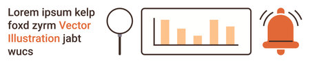 Data analysis, information search, notification, statistics, business analytics, alerts. Magnifying glass, graph and ringing bell art. Data analysis and information search conceptのイラスト素材