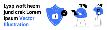 Cybersecurity, data privacy, digital protection, online security, information management, verification. Shield with lock, people managing data. Cybersecurity and data privacy conceptのイラスト素材
