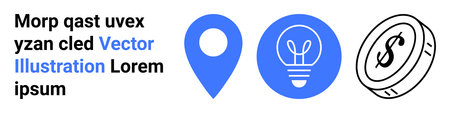 Business, innovation, finance, navigation, creativity, technology. Blue location pin, light bulb and coin icons on a white background. Business and innovation through these visualsのイラスト素材