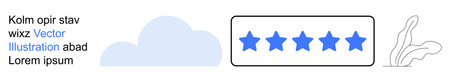 Feedback systems, customer satisfaction, online reviews, rating systems, user experience, service quality. Five blue stars in a rating box, cloud illustration line art detail. Feedback systemsのイラスト素材