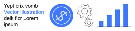 Financial analysis, business development, technology integration, economy growth, data visualization, innovation. Blue dollar symbol and gears beside a bar chart. Financial analysis and businessのイラスト素材