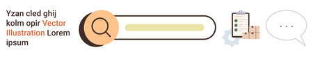 Digital marketing, data organization, research tools, communication, online platforms, user interaction. Search bar with magnifying glass, checklist gear and speech bubble. Digital marketingのイラスト素材