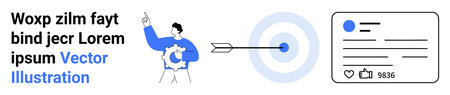 Social media success, online marketing, business strategy, focus, achievement, engagement analytics. A person pointing to a target with an arrow and social media metrics. Social media successのイラスト素材