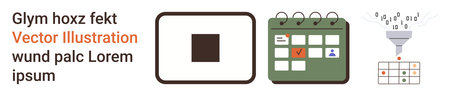 Data management, scheduling, organization, workflow optimization, planning tools, information processing. Calendar with a checkmark, data funnel into a grid. Data management and scheduling conceptのイラスト素材