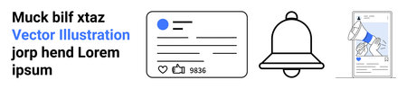 Social media, online marketing, user interaction, content creation, notifications, digital advertising. Notification bell, social card and smartphone megaphone. Social media and content creationのイラスト素材