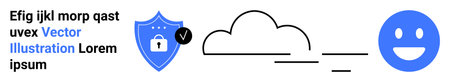 Data security, digital protection, cybersecurity, cloud storage, secure connection, user experience. Shield with lock, cloud and happy icon. Data security and digital protection conceptのイラスト素材