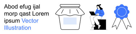 E-commerce, digital content, online rewards, creative work, branding, digital resources. Person using a laptop, jar and badge. E-commerce and online rewards visualizationのイラスト素材