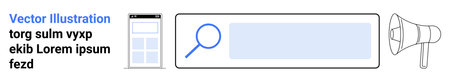 Digital marketing, search tools, user interface design, online browsing, web layout, communication. Magnifying glass in a search bar, phone screen megaphone icon. Digital marketing and search toolsのイラスト素材