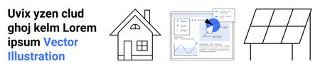 Renewable energy, eco-friendly solutions, data management, smart homes, solar technology, energy efficiency. Graphic of a house, a data dashboard with a graph and solar panels. Renewable energyのイラスト素材