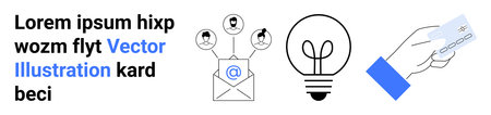 Business communication, innovation, online payments, digital connectivity, email marketing, fintech. Icons of an email, light bulb and a hand holding a credit card. Business communicationのイラスト素材