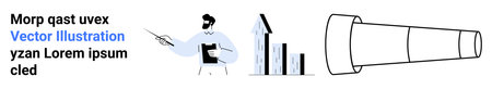 Business strategy, marketing growth, planning concepts, future goals, investment ideas, sales analysis. Person presenting with a telescope and growth chart. Business strategy and marketing growthのイラスト素材