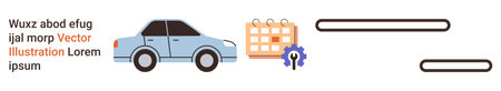 Task planning, scheduling, transportation, time management, automotive workflow, logistics. Blue car, calendar with a gear icon lines for processes. Task planning and scheduling conceptsのイラスト素材