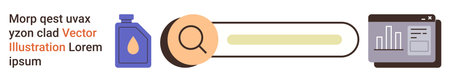 Digital marketing, business analysis, online search, data visualization, product branding, web optimization. Search bar with magnifying glass next to icons of a bottle and analytics dashboardのイラスト素材