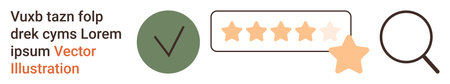 Customer feedback, quality assessment, user experience, verification, online reviews, search tools. Rating bar with stars, checkmark for verification and magnifying glass. Customer feedbackのイラスト素材