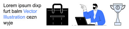 Business success, leadership, recognition, goal achievement, career growth, corporate concepts. Man working on laptop, briefcase trophy. Leadership and recognition clearlyのイラスト素材