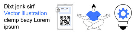 Digital innovation, wellness meditation, QR code utility, problem-solving, mobile applications, technology. Smartphone with QR code, meditating woman and gear light bulb. Digital innovationのイラスト素材