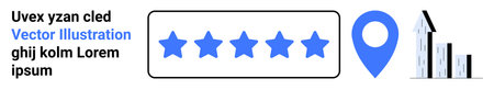 Business growth, customer satisfaction, performance evaluation, service reviews, navigation, improvement. Blue stars, a location pin and a bar chart with upward trend. Business growth and customerのイラスト素材