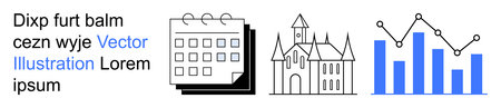 Time management, historic landmarks, data analysis, infographics, education, architecture. A calendar, historic building and bar graph with line graph. Time management and data analysis themeのイラスト素材