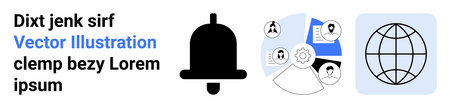Communication, teamwork, notifications, global connections, user profiles, technology applications. Visual elements include a bell icon, globe and infographic with user avatars. Notificationsのイラスト素材