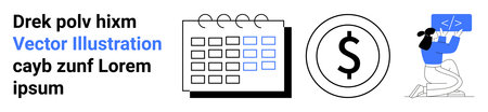 Finance, scheduling, coding, technology, planning, productivity. A calendar, a dollar coin and a...