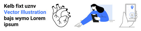 Healthcare technology, telemedicine, education, remote accessibility, communication, anatomy study. Elements include a heart diagram, a person researching and a mobile tracking app. Healthcareのイラスト素材