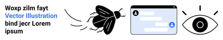 Digital communication, privacy, surveillance, modern messaging, online privacy, concepts. Graphic showing a fly, an interface and an eye symbol. Digital communication and privacyのイラスト素材
