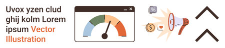 Performance tracking, digital marketing, user interface, volume adjustment, communication, target audience. Speedometer, megaphone and upward arrows. Performance tracking and digital marketingのイラスト素材