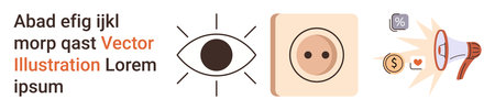 Communication, social media, marketing, advertising, expression, and technology. Eye outline, neutral face icon megaphone with social icons. Communication and social media symbolismのイラスト素材