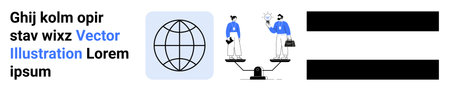 Career decisions, global communication, equality, business negotiations, teamwork, weighing ideas. A globe icon and two individuals on balanced scales. Global communication and equality conceptのイラスト素材