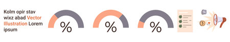 Data analytics, progress tracking, performance evaluation, infographics, business reports, statistics. Percentage arcs and icons for analytics and reports. Data analytics and progress trackingのイラスト素材