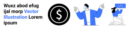 Financial transactions, programming tools, teamwork, digital economy, coding education, innovation. Dollar sign icon, professionals pointing coding on a laptop. Financial transactionsのイラスト素材