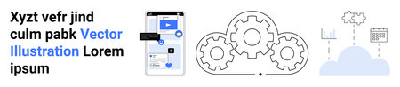 Digital transformation, app interface design, cloud storage, software development, workflow optimization, system integration. Mobile app interface, gears and cloud with analytics icons. App designのイラスト素材