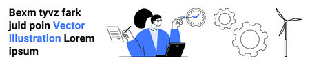 Energy innovation, data analysis, sustainable development, digital tools, business strategy, renewable resources. Woman with laptop analyzing data, wind turbine and gears. Energy innovation and dataのイラスト素材