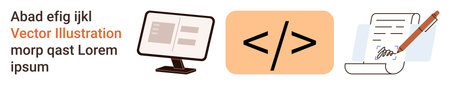 Web development, programming, coding skills, digital technology, documentation, creative writing. Computer screen, coding symbol paper with pen. Web development and programming concepts illustratedのイラスト素材