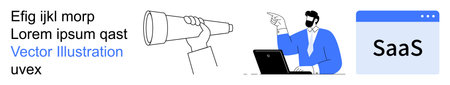 Business planning, technology services, SaaS tools, cloud software, market research, teamwork collaboration. Person pointing with a laptop, hand holding telescope SaaS browser window. Businessのイラスト素材