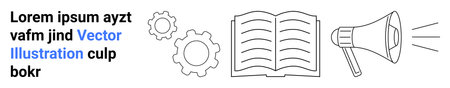 Communication, education, technology, knowledge management, workflow, creativity. Open book, gears megaphone in line art style. Communication and education for collaborative processesのイラスト素材