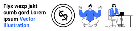 Person meditating in cross-legged pose, dollar icon symbolizing money, professional working on a laptop. Ideal for wellness, productivity, financial growth, remote work, focus, mental healthのイラスト素材